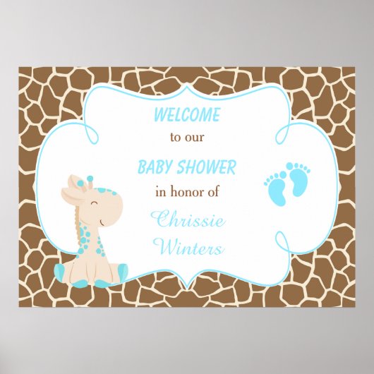 Cute Giraffe Boy Blue Baby shower Poster (Voorkant)