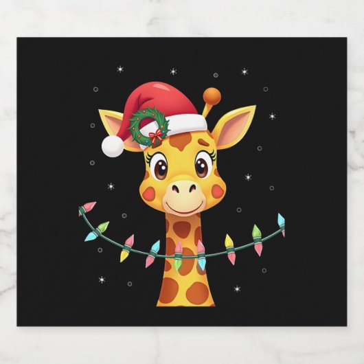 Cute Giraffe Christmas Lights Santa Hat Xmas Pajam Sparkling Wijnetiket (Enkel label)