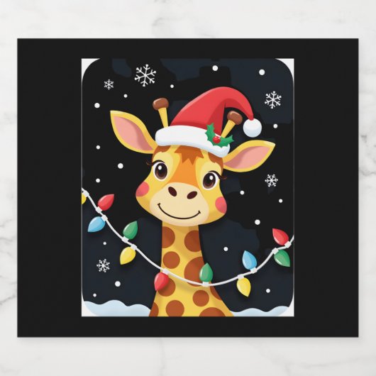 Cute Giraffe Christmas Lights Santa Hat Xmas Pajam Sparkling Wijnetiket (Enkel label)