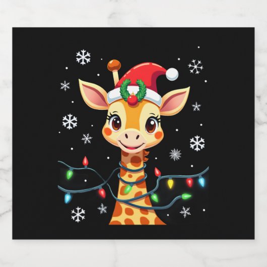 Cute Giraffe Christmas Lights Santa Hat Xmas Pajam Sparkling Wijnetiket (Enkel label)