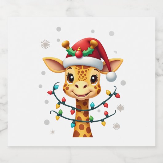 Cute Giraffe Christmas Lights Santa Hat Xmas Pajam Sparkling Wijnetiket (Enkel label)