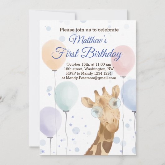 Cute Giraffe Colorful Balloon Boy Birthday Kaart (Voorkant)