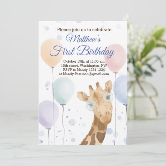Cute Giraffe Colorful Balloon Boy Birthday Kaart (Staand voorkant)