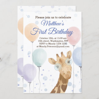 Cute Giraffe Colorful Balloon Boy Birthday Kaart