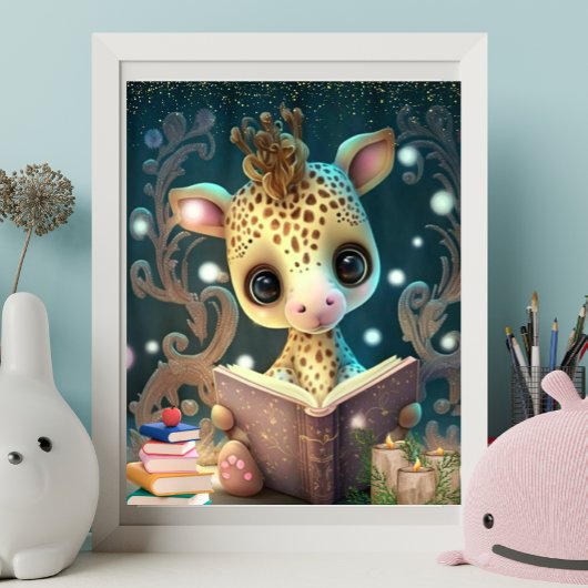 Cute Giraffe die een boek leest Kunst Kinderkamer Poster