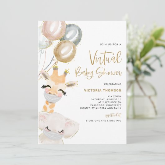 Cute Giraffe en Elephant Virtual Baby shower Kaart (Staand voorkant)