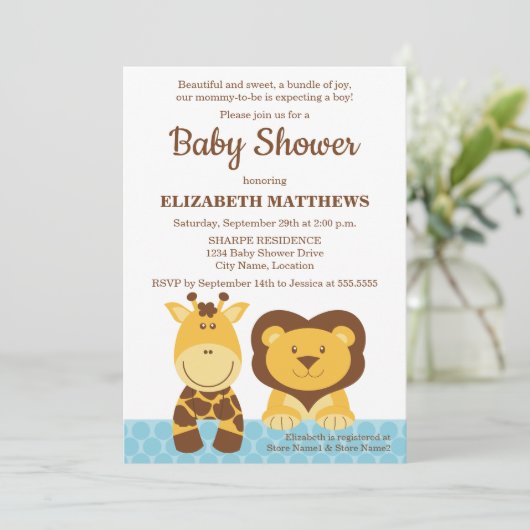Cute Giraffe en lion Baby shower Kaart (Staand voorkant)