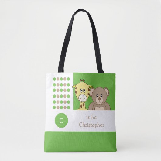 Cute giraffe en teddybeer baby groene witte speelg tote bag (Voorkant)