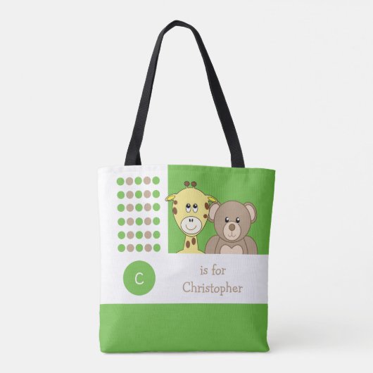Cute giraffe en teddybeer baby groene witte speelg tote bag (Achterkant)