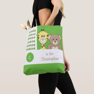 Cute giraffe en teddybeer baby groene witte speelg tote bag