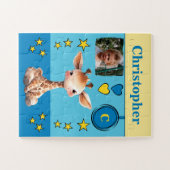 Cute giraffe foto naam blauw geel kinderen legpuzzel (Horizontaal)