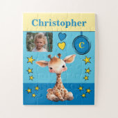 Cute giraffe foto naam blauw geel kinderen legpuzzel (Verticaal)