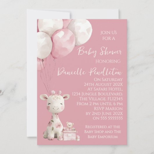 Cute Giraffe Girl Baby Shower Invitation Kaart (Voorkant)