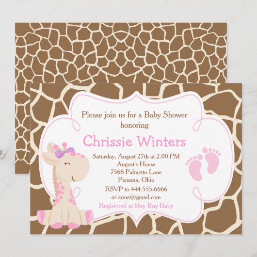 Cute Giraffe Girl Pink Baby shower Kaart (Voorkant / Achterkant)