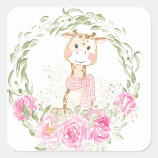 Cute Giraffe Gold Glitter Baby Girl Shower Vierkante Sticker (Voorkant)
