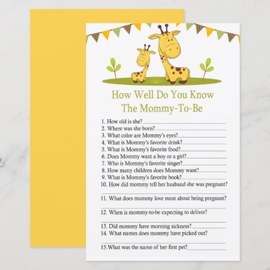 Cute giraffe Hoe goed ken je het baby shower spel? (Voorkant / Achterkant)