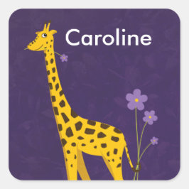 Cute Giraffe Holding Purple Flowers Vierkante Sticker
