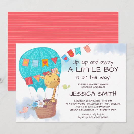 Cute Giraffe Hot Air Ballon Baby shower Kaart (Voorkant / Achterkant)