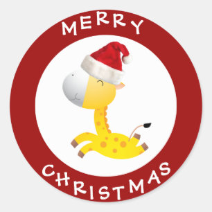 Cute Giraffe in Santa Hat Red Kerst stickers