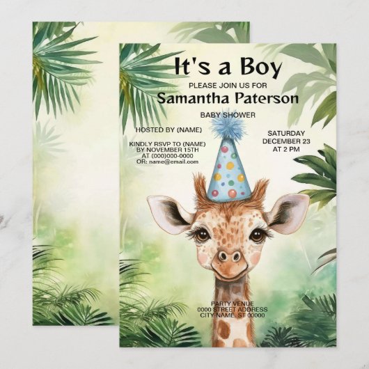 Cute Giraffe Jungle Baby Shower Party Beautiful Kaart (Voorkant / Achterkant)