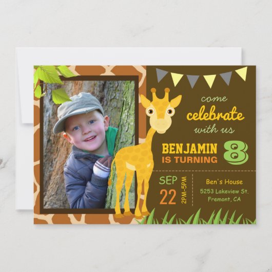 Cute Giraffe Kids Birthday Party Photo Invitation Kaart (Voorkant)