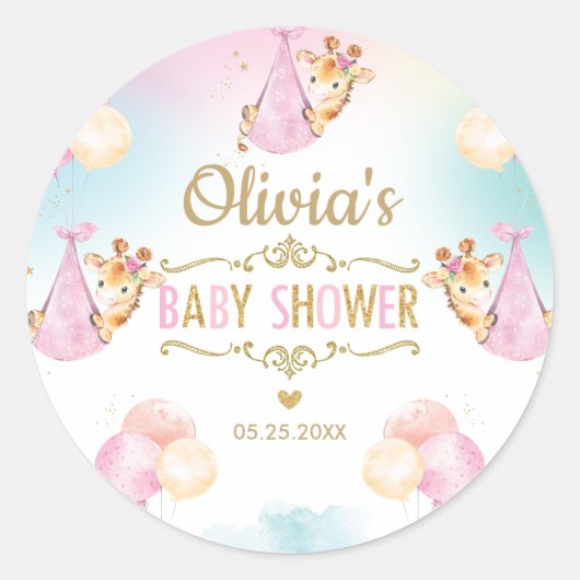 Cute Giraffe Meisje Baby Shower Bedankt Favor Ronde Sticker (Voorkant)