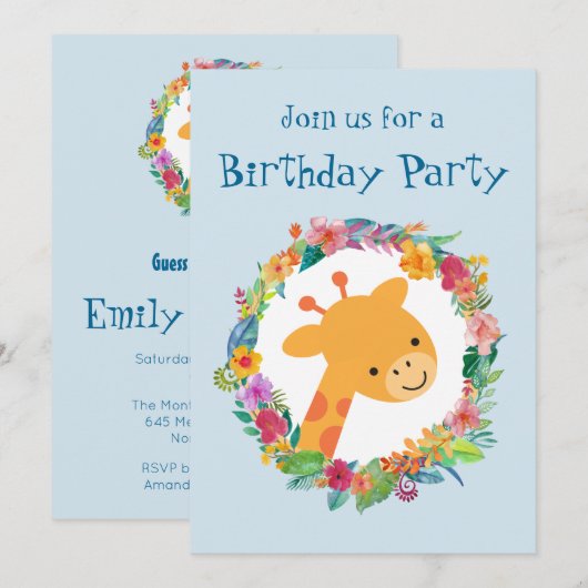 Cute Giraffe met een Floral Wreatday Party Kaart (Voorkant / Achterkant)