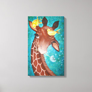 Cute Giraffe met vogelschildering Canvas Afdruk