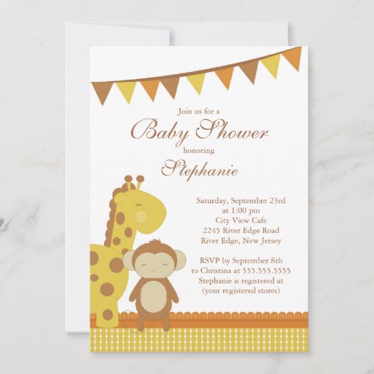 Cute Giraffe Monkey Baby shower Invitation Kaart (Voorkant)