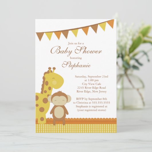Cute Giraffe Monkey Baby shower Invitation Kaart (Staand voorkant)