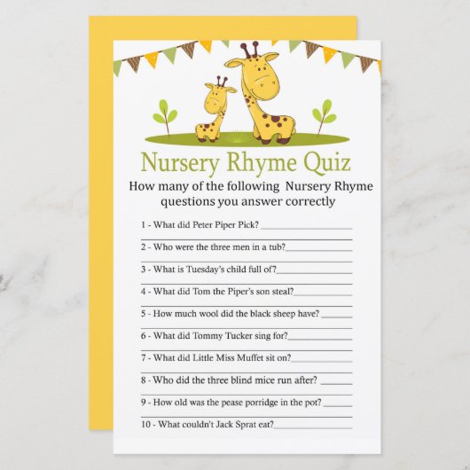 Cute giraffe Nursery Rhyme Quiz baby shower game (Voorkant / Achterkant)