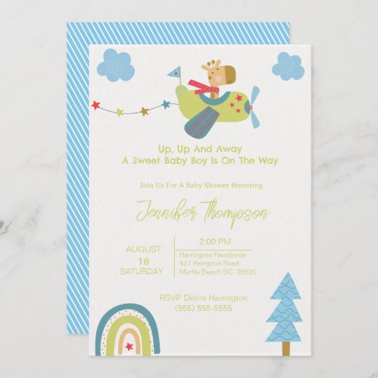 Cute Giraffe Pilot Baby shower Invitation Kaart (Voorkant / Achterkant)