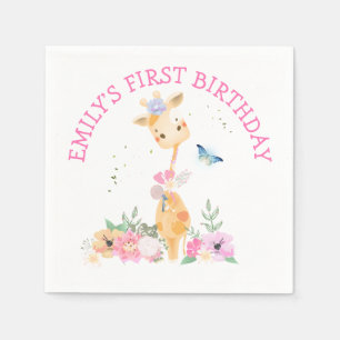 Cute Giraffe Pink Flowers Girls 1ste verjaardag Servet