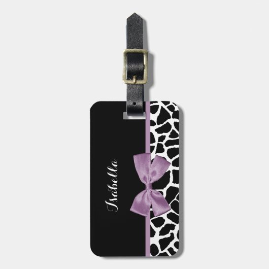 Cute Giraffe Print Lavender Paars Bow met naam Bagagelabel (Voorkant verticaal)