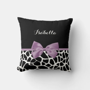Cute Giraffe Print Lavender Paars Bow met naam Kussen