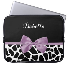Cute Giraffe Print Lavender Paars Bow met naam Laptop Sleeve