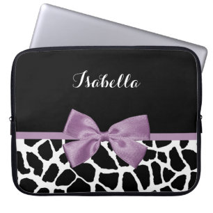 Cute Giraffe Print Lavender Paars Bow met naam Laptop Sleeve