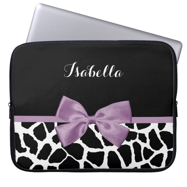 Cute Giraffe Print Lavender Paars Bow met naam Laptop Sleeve (Voorkant)
