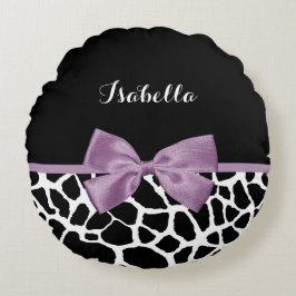 Cute Giraffe Print Lavender Paars Bow met naam Rond Kussen