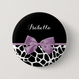 Cute Giraffe Print Lavender Paars Bow met naam Ronde Button 5,7 Cm