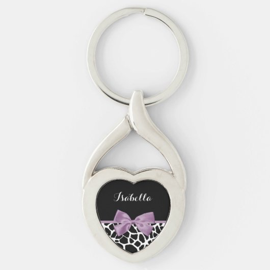 Cute Giraffe Print Lavender Paars Bow met naam Sleutelhanger (Voorkant)