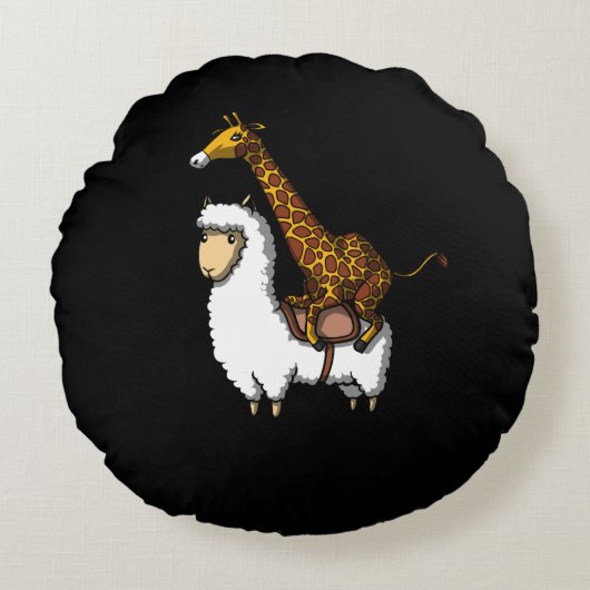 Cute Giraffe Riding Llama Alpaca Funny Animals Rond Kussen (Voorkant)