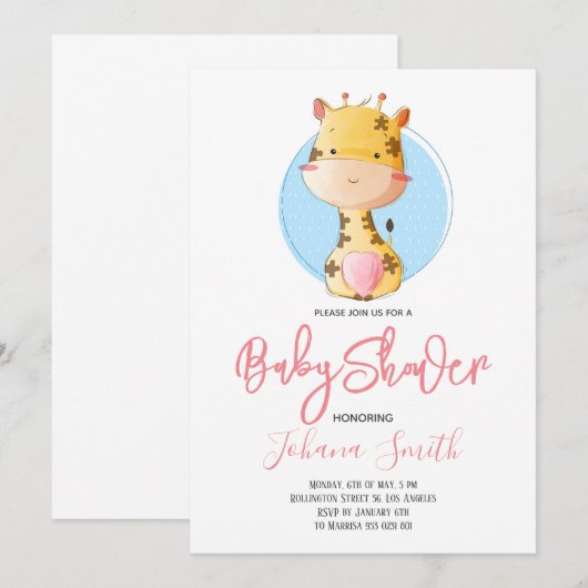 Cute Giraffe Safari Baby shower Uitnodiging (Voorkant / Achterkant)