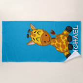 Cute Giraffe Safari Cartoon Oerwoud Name Blue Strandlaken (Voorkant)