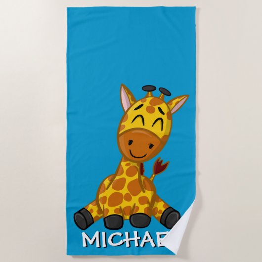 Cute Giraffe Safari Cartoon Oerwoud Name Blue Strandlaken (Voorkant)
