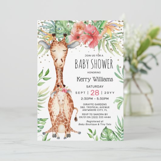 Cute Giraffe & Tropical Greenery Girl Baby shower Kaart (Staand voorkant)