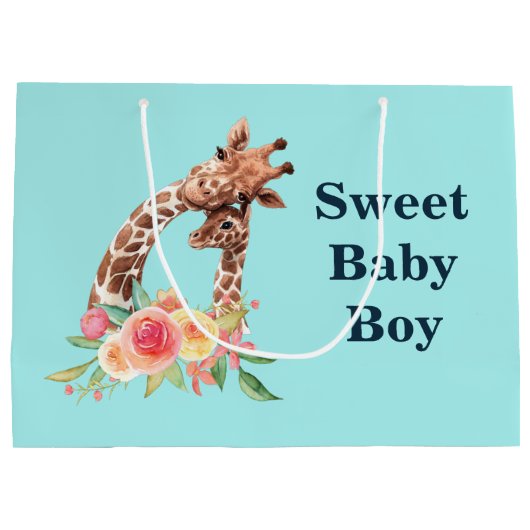 Cute Giraffe Waterverf Mam & Baby Boy Groot Cadeauzakje (Achterkant)