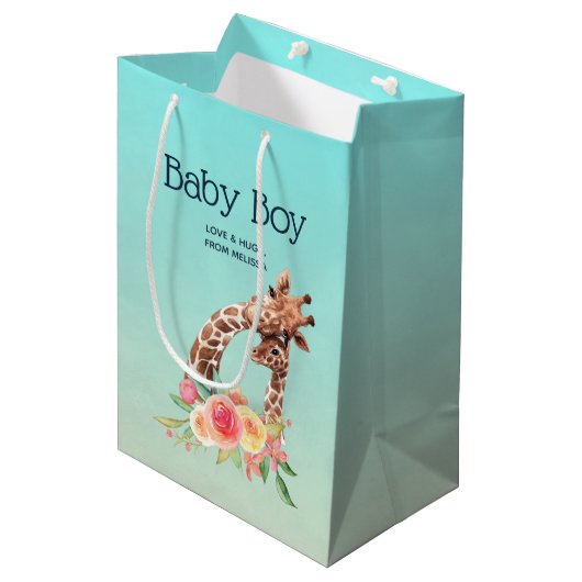 Cute Giraffe Waterverf Mam & Baby Boy Medium Cadeauzakje (Voorkant Gekanteld)