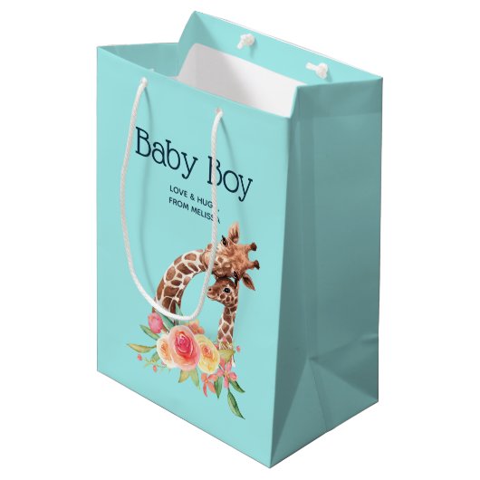 Cute Giraffe Waterverf Mam & Baby Boy Medium Cadeauzakje (Voorkant Gekanteld)