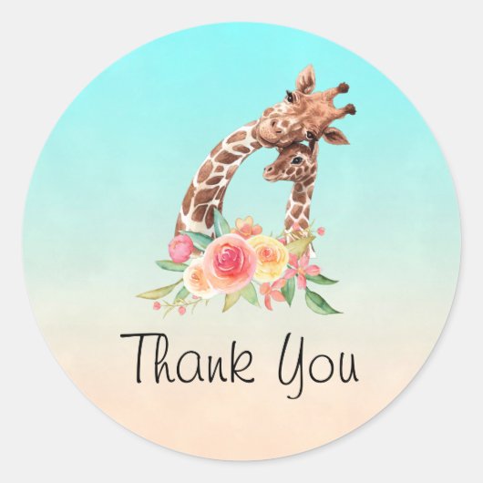 Cute Giraffe Waterverf Mam & Baby Hartelijk dank Ronde Sticker (Voorkant)